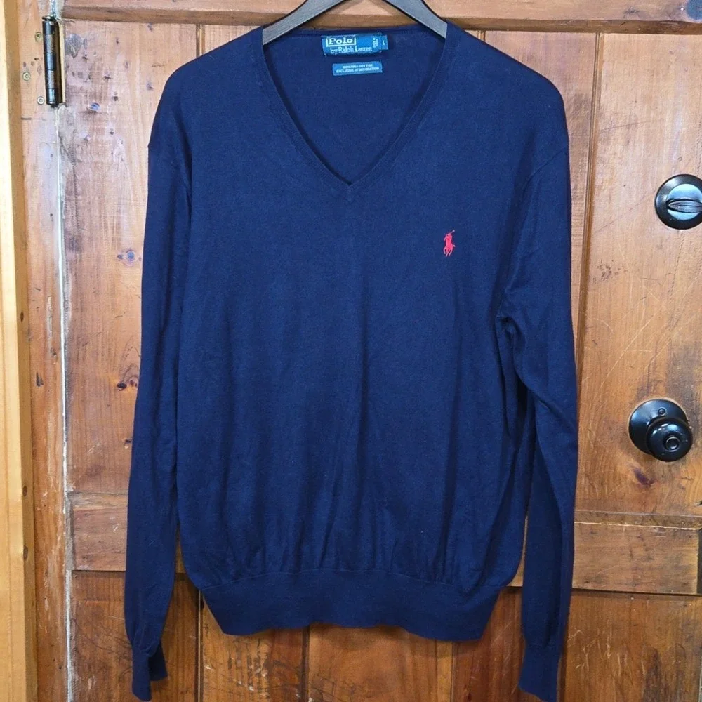 Polo Ralph Lauren Navy‎ Blue V Neck Pima Cotton Sweater Men's L